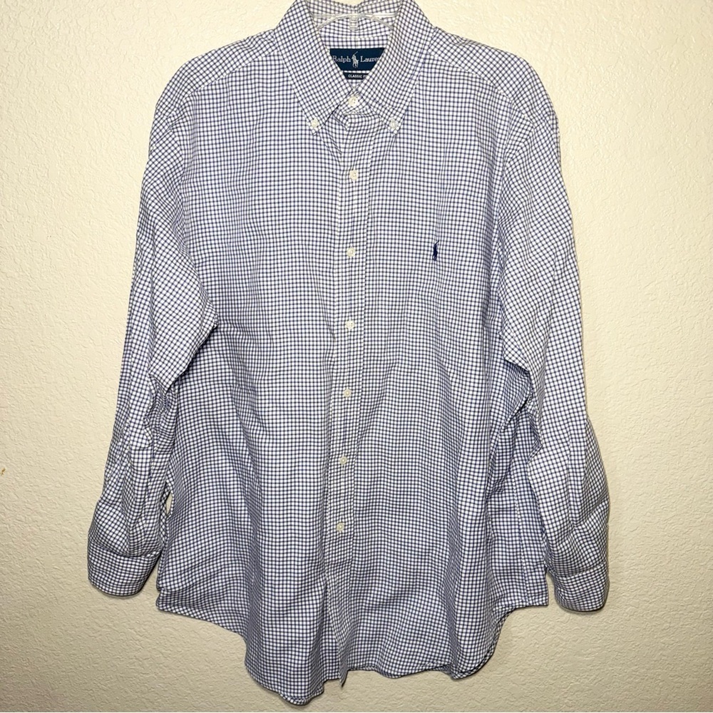 Ralph Lauren Button Down Shirt Men’s L 16.5 32/33 Blue Check Pony Preppy